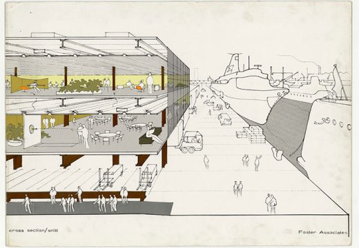 Cross section by Norman Foster of the Fred Olsen Amenity Building, Millwall Docks, London (c. 1968–70).