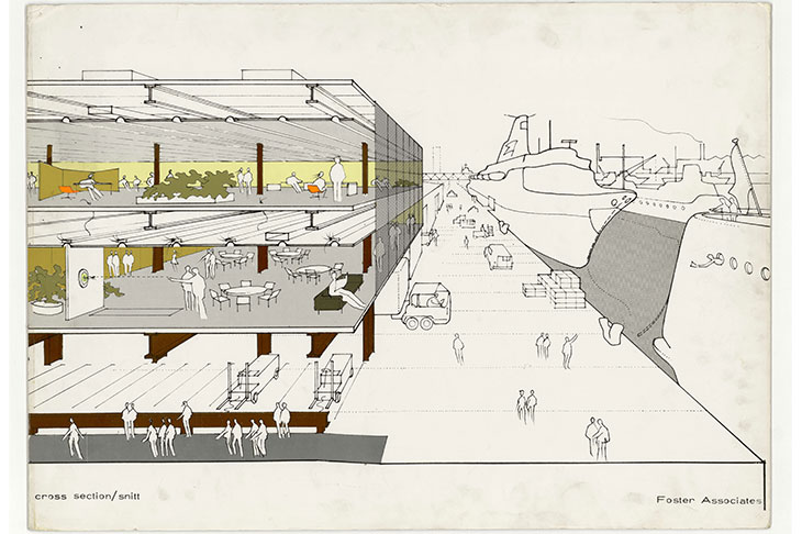 Cross section by Norman Foster of the Fred Olsen Amenity Building, Millwall Docks, London (c. 1968–70).