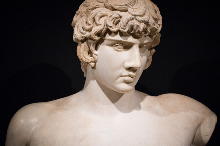 Bust of Antinous with Greek inscription, (AD 130–138), discovered in Balanea, Syria in 1879. Private collection