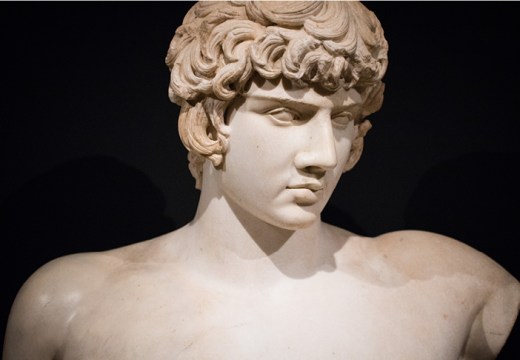 Bust of Antinous with Greek inscription, (AD 130–138), discovered in Balanea, Syria in 1879. Private collection