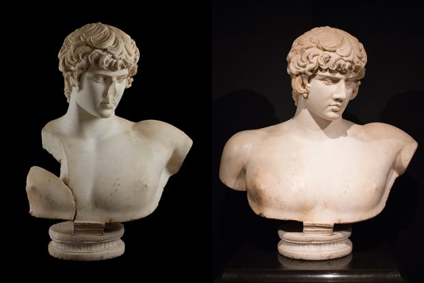 Cast of the bust Antinous, discovered in Balanea, Syria, in 1879, before it was restored (left); the restored original, Ashmolean Museum, Oxford and private collection