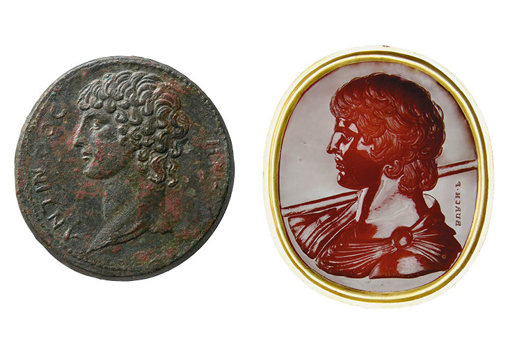 (Left) Antinous coin from Smyrna (AD 134–35); (right) Antinous Marlborough gem (1760–70), Edward Burch; Ashmolean Museum, Oxford (both)