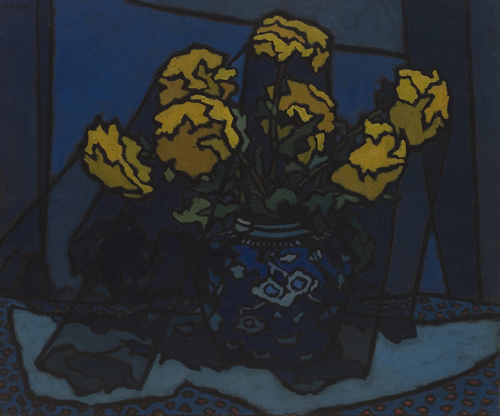 Dahlias in Blue Vase, Cyril Mann.