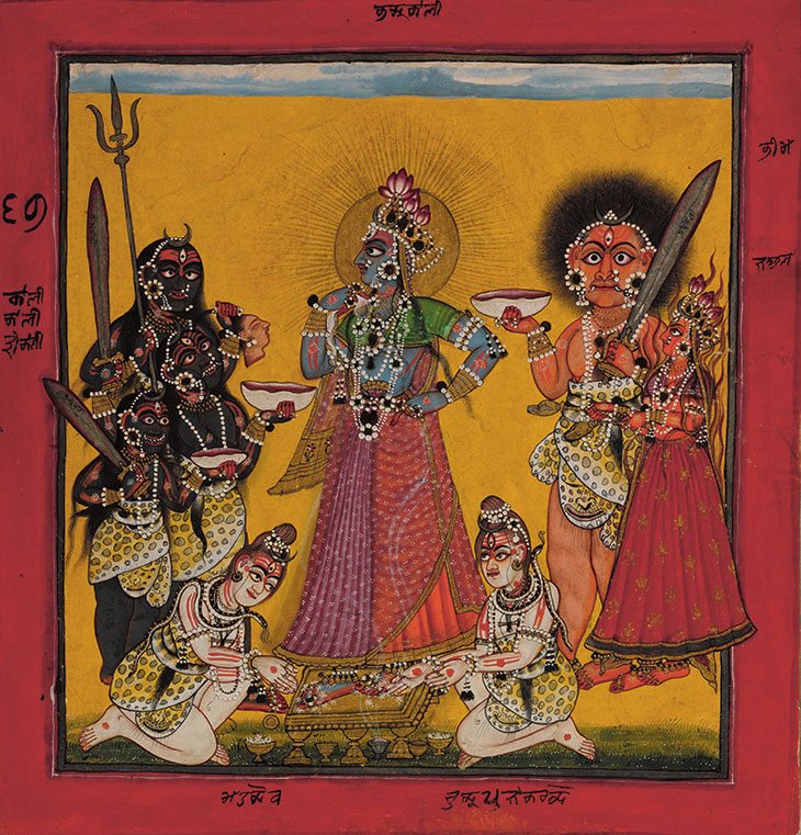 Devi in the Form of Bhadrakali Adored by the Gods (c. 1660–70), folio from a dispersed Tantric Devi series, attributed to the Master of the Early Rasamanjari.