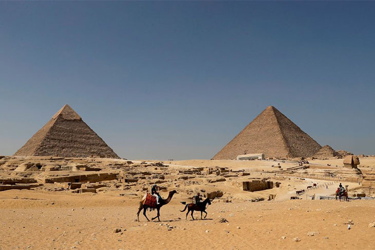 The Pyramid of Khafre (left) and the Great Pyramid of Giza (right), photographed in October 2018.