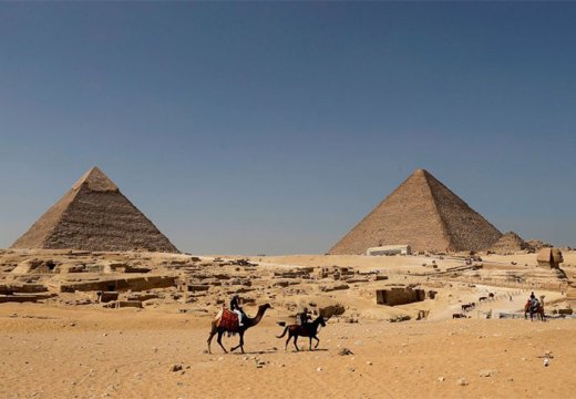 The Pyramid of Khafre (left) and the Great Pyramid of Giza (right), photographed in October 2018.