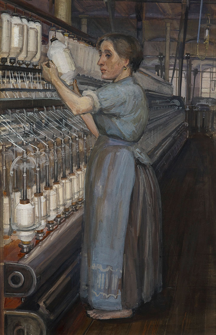 In a Glasgow Cotton Spinning Mill: Changing the Bobbin (1907), Sylvia Pankhurst. Tate