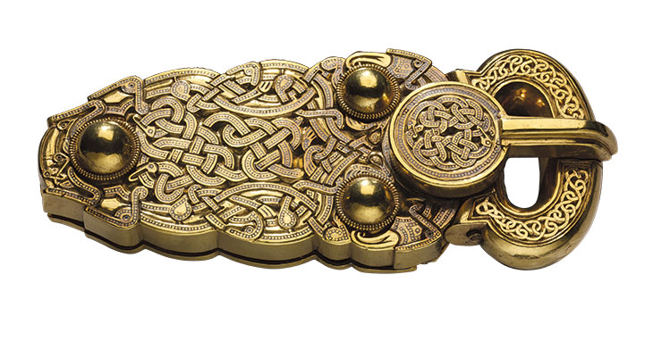 Belt buckle, early 7th century, excavated at Sutton Hoo ship burial site, Suffolk.