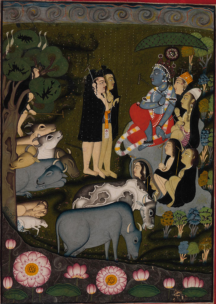 Krishna and the Gopas (Cowherders) Celebrate the Start of the Rainy Season (c. 1725–50), folio from a dispersed Bhagavata Purana, attributed to the Master of the Swirling Skies