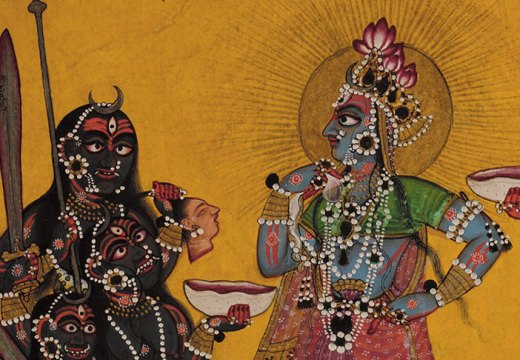 Devi in the Form of Bhadrakali Adored by the Gods (detail; c. 1660–70), folio from a dispersed Tantric Devi series, attributed to the Master of the Early Rasamanjari