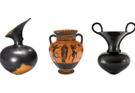 Left: Untitled, 1988, Magdalene Odundo. Middle: Black figure neck amphora with Ariadne dancing with satyrs, 550-540BC. Fitzwilliam Museum, Cambridge. Right: Untitled, 1989, Magdalene Odundo.