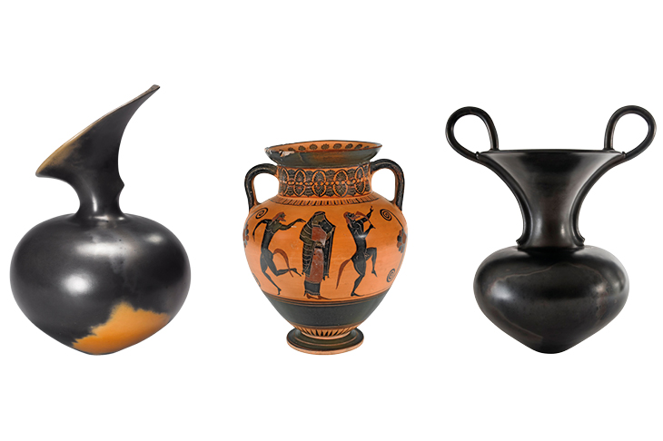 Left: Untitled, 1988, Magdalene Odundo. Middle: Black figure neck amphora with Ariadne dancing with satyrs, 550-540BC. Fitzwilliam Museum, Cambridge. Right: Untitled, 1989, Magdalene Odundo.