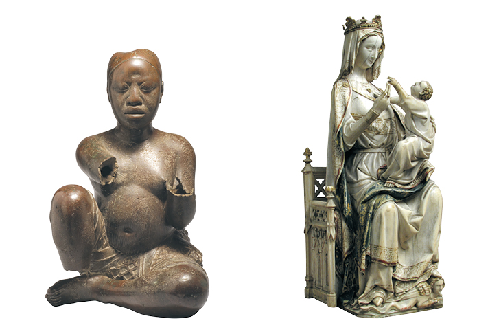 Left: Seated figure (late 13th–14th century), possibly Ife, Tada, Nigeria. Right: Virgin and Child (c. 1275–1300), France.
