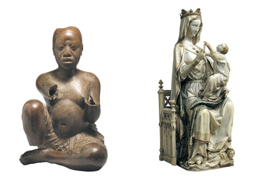 Left: Seated figure (late 13th–14th century), possibly Ife, Tada, Nigeria. Right: Virgin and Child (c. 1275–1300), France.