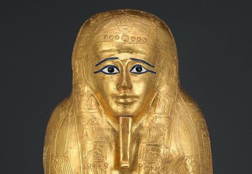 The gilded ancient Egyptian coffin at the Met in New York (detail).