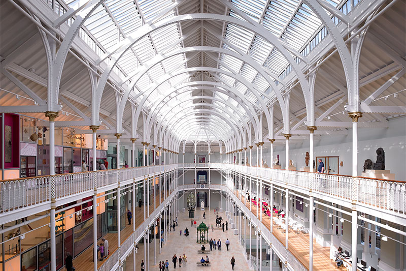 View of the Grand Gallery at the National Museum of Scotland.