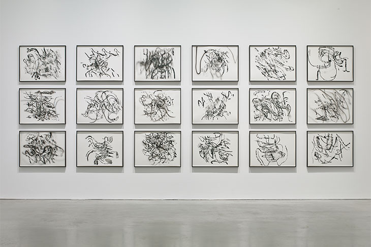 Installation view of ‘Julie Mehretu Drawings and Monotypes’ at Kettle’s Yard, Cambridge, 2019.