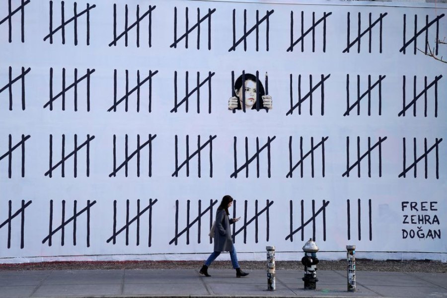 A Banksy mural unveiled in New York in March 2018 to raise awareness of the imprisonment of Zehra Doğan.