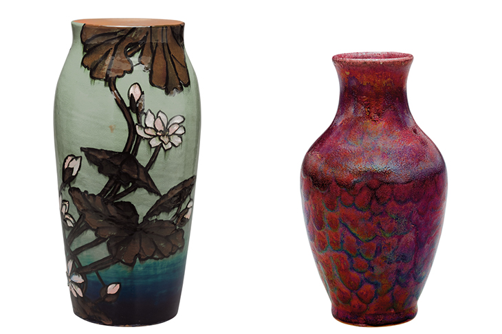 Left: Vase (1884), decorated by Laura A. Fry, Rookwood Pottery. The Metropolitan Museum of Art, New York. Right: Vase (c. 1885–89), Hugh C. Robertson, Chelsea Keramic Art Works. The Metropolitan Museum of Art, New York