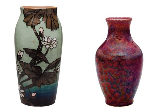 Left: Vase (1884), decorated by Laura A. Fry, Rookwood Pottery. The Metropolitan Museum of Art, New York. Right: Vase (c. 1885–89), Hugh C. Robertson, Chelsea Keramic Art Works. The Metropolitan Museum of Art, New York