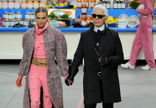 Karl Lagerfeld with Cara Delevingne during the Chanel show at Paris Fashion Week, 2014.