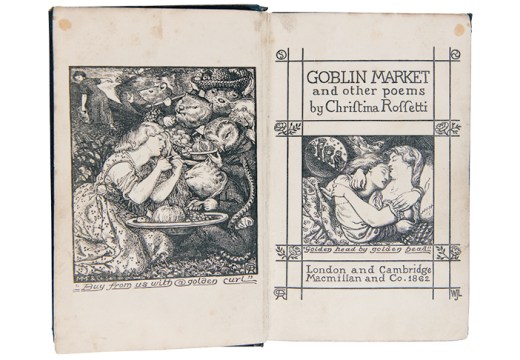 Frontispiece and title page to Christina Rossetti, 'Goblin Market and Other Poems (1863), after Dante Gabriel Rossetti.