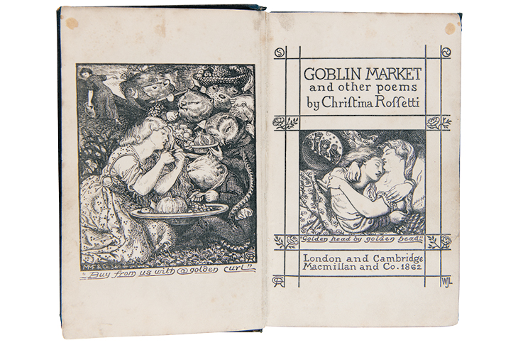 Frontispiece and title page to Christina Rossetti, 'Goblin Market and Other Poems (1863), after Dante Gabriel Rossetti.