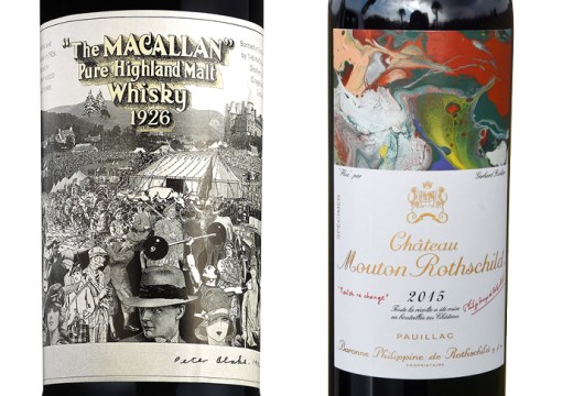 The Macallan 60-year-old 1926 single malt up for sale at Bonhams in March (right); Gerhard Richter’s label for the 2015 vintage of Chateau Mouton Rothschild