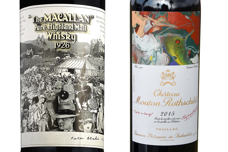 The Macallan 60-year-old 1926 single malt up for sale at Bonhams in March (right); Gerhard Richter’s label for the 2015 vintage of Chateau Mouton Rothschild