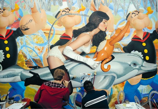 Assistants at work on Girl with Dolphin and Monkey Triple Popeye (Seascape), at Jeff Koons’ studio in New York, February 2010.
