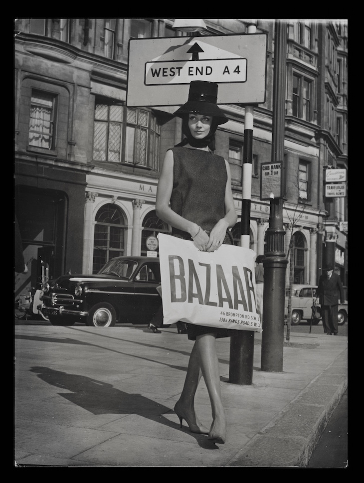 Model holding a Bazaar bag (c. 1959). Mary Quant
