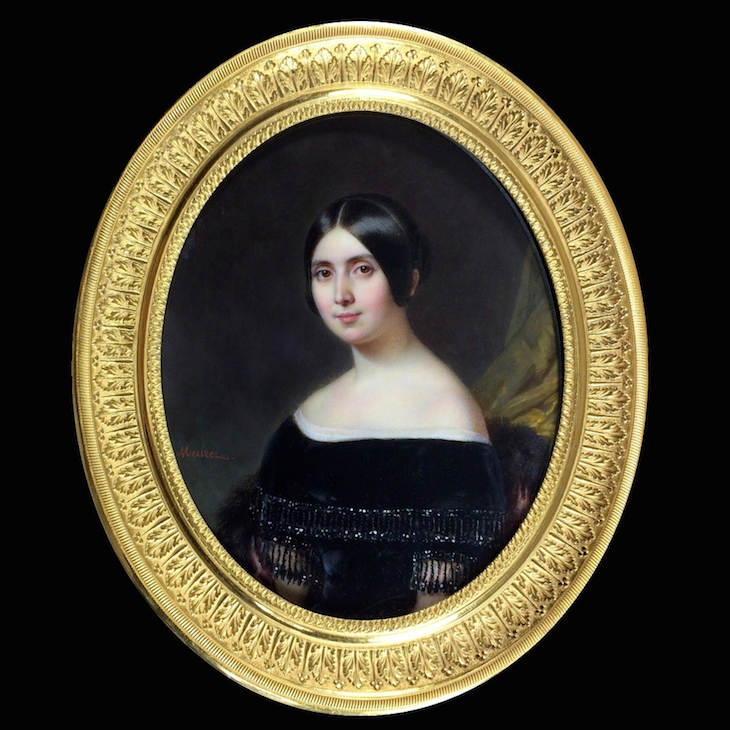 Portrait of young woman in black dress, embroidered with cannetilles and pearls, Meuret