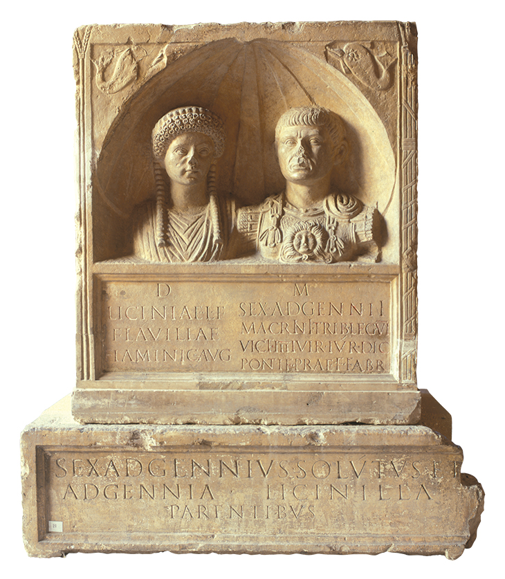 Funerary monument of Licinia Flavilla, priestess of the imperial cult, and her husband, Sextus Adgennius Macrinus (1st century AD), excavated in the 19th century on the Boulevard des Arènes. Musée de la Romanité, Nîmes