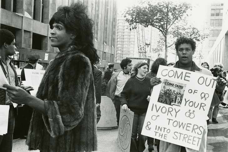 Untitled (Marsha P. Johnson Hands Out Flyers For Support of Gay Students at N.Y.U.) (c. 1970), Diana Davies.