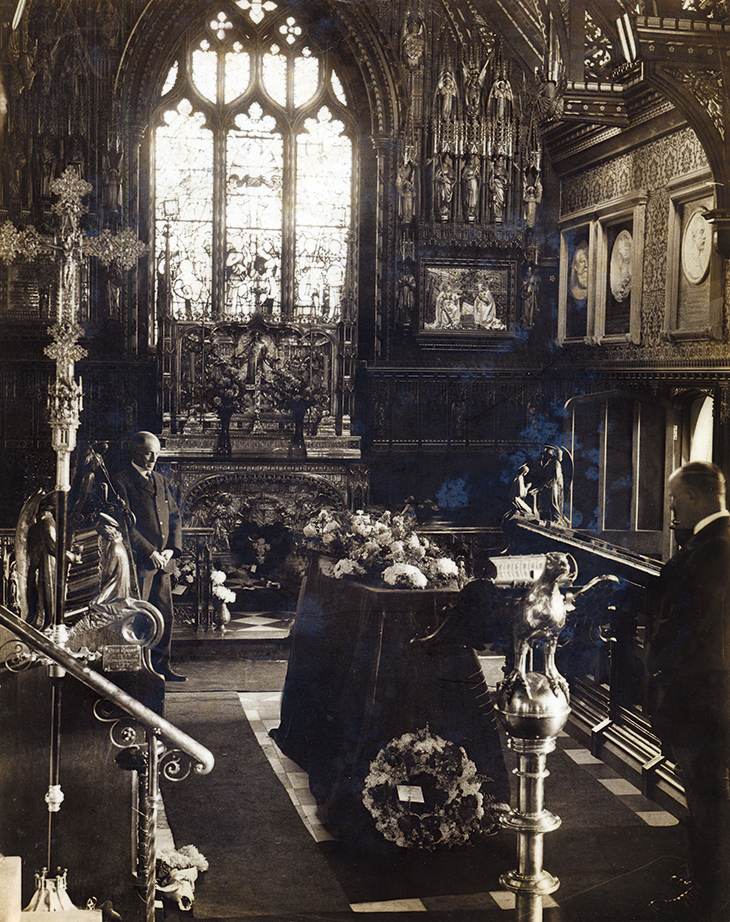 The coffin of Queen Alexandra at Sandringham Church, Norfolk, in the chancel redecorated by C.E. Kempe and Co. following the death of Edward VII in 1910 (photo: 1925)