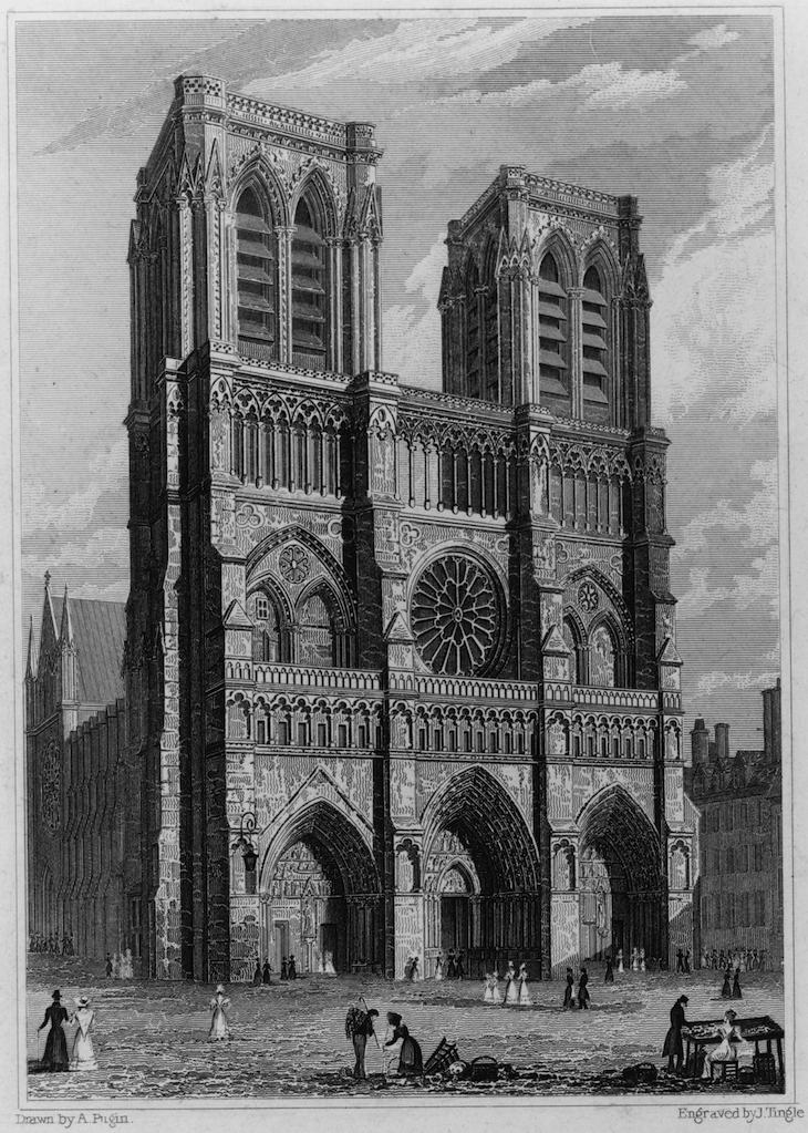 West Front of the Church of Notre Dame (1828), drawn by Augustus Pugin. engraved by James Tingle.