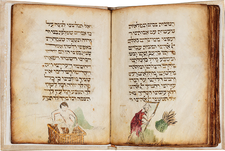 Pages showing a naked man treading grapes in September (Tishrei) and a man threshing wheat in August (Elul), from the Labours of the Months section in the Lombard Haggadah (c. 1390–1400), circle of Giovannino de Grassi (Master of the Paris Tacuinum?), Milan