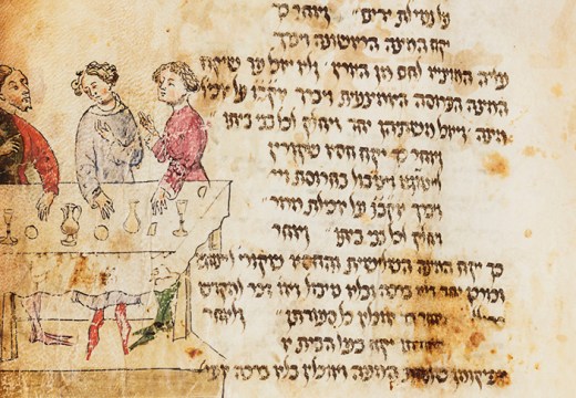 Detail showing three man at the Seder table, with wine glasses and mazzot, from the Lombard Haggadah (c. 1390–1400), circle of Giovannino de Grassi (Master of the Paris Tacuinum?), Milan