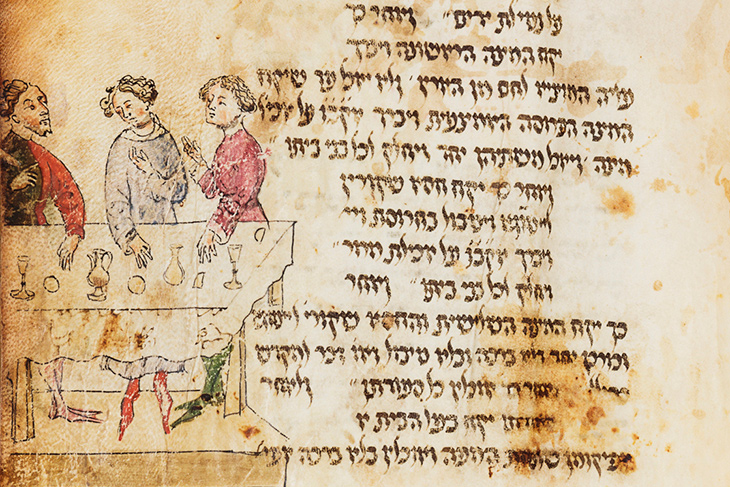 Detail showing three man at the Seder table, with wine glasses and mazzot, from the Lombard Haggadah (c. 1390–1400), circle of Giovannino de Grassi (Master of the Paris Tacuinum?), Milan