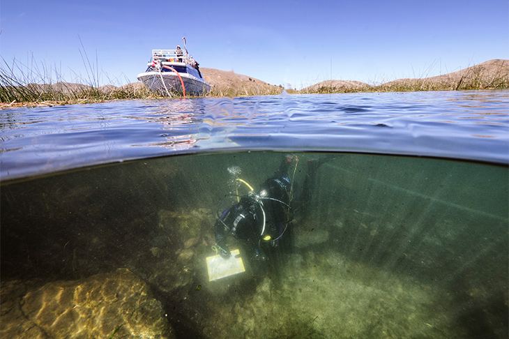 Archaeological excavations from an underwater ceremonial location near the Island of the Sun in Lake Titicaca, Bolivia.
