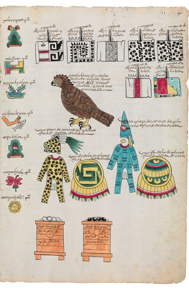 Page from the Codex Mexicana of c. 1541, a handbook created for Charles V, Holy Roman Emperor and king of Spain. Here, the Mexica picture writing shows the tribute seven towns owe their rules in Tenochtitlan. Image courtesy Bodleian Libraries, University of Oxford