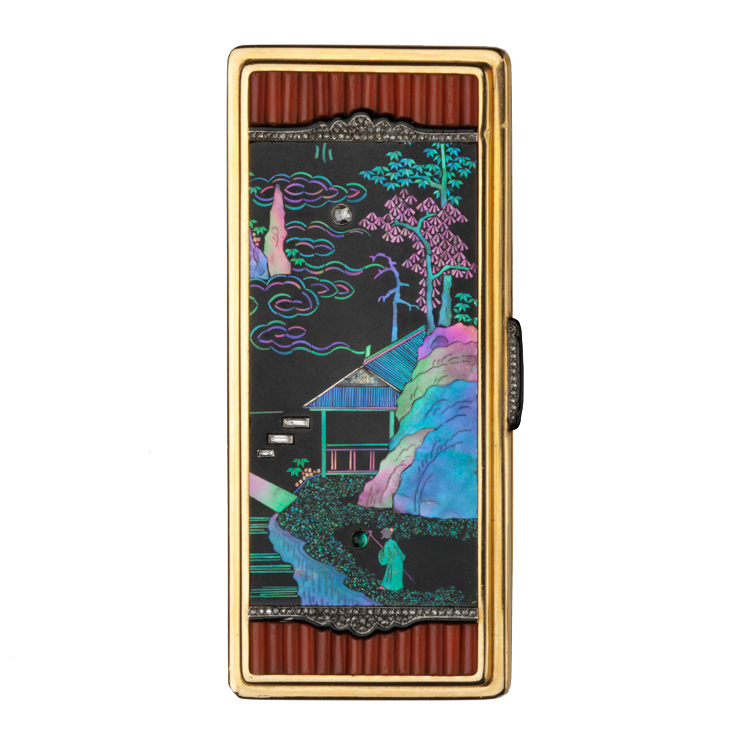 Gold, coral and diamond-set vanity case with laque burgauté panels (1924), Cartier, Paris.