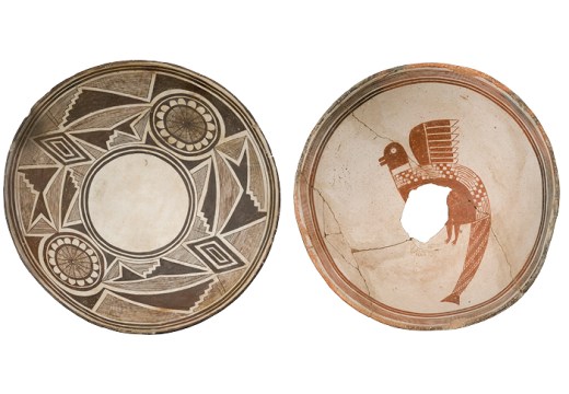 Left: Painted bowl with geometric design and possible flower images, Classic Mimbres period (1000–1130), New Mexico. Right: Painted bowl with composite animal figure, Classic Mimbres period (1000–1130).