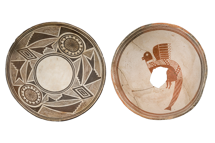 Left: Painted bowl with geometric design and possible flower images, Classic Mimbres period (1000–1130), New Mexico. Right: Painted bowl with composite animal figure, Classic Mimbres period (1000–1130).