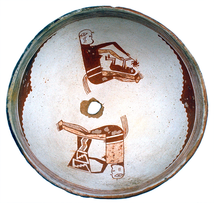 Painted bowl depicting two women with children (with a very rarely used tan second colour paint), Classic Mimbres period (1000–1130), New Mexico.