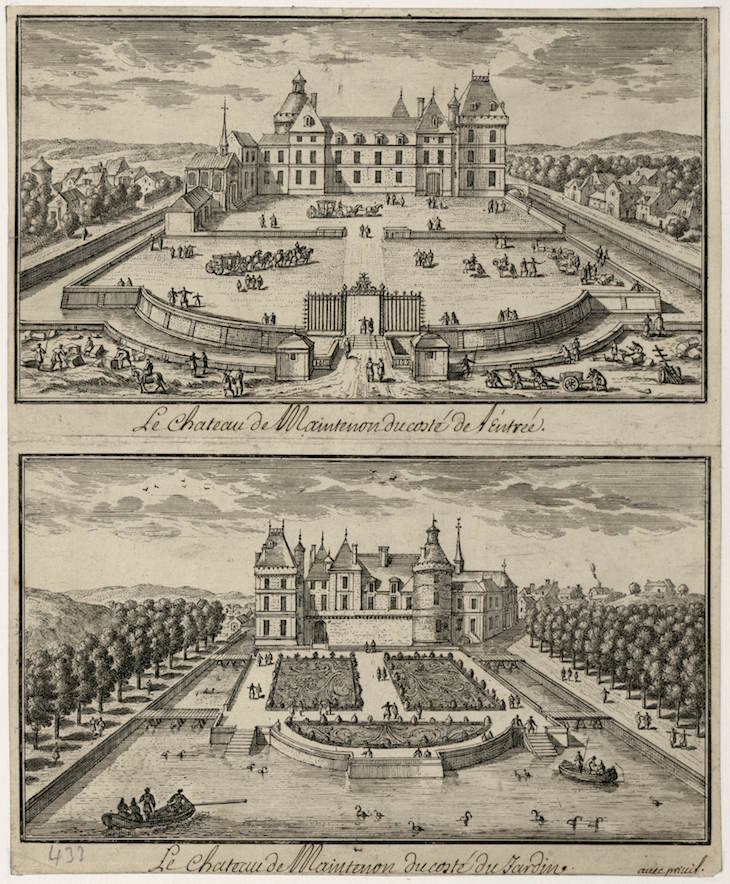 17th-century engraving showing the Château de Maintenon from the entrance and from the garden