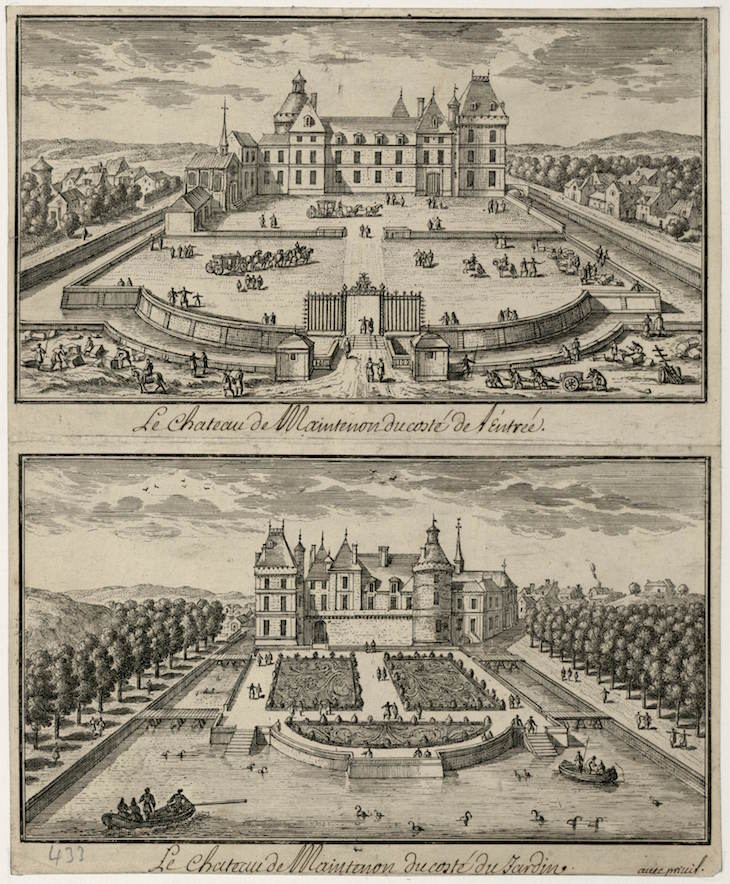 17th-century engraving showing the Château de Maintenon from the entrance and from the garden