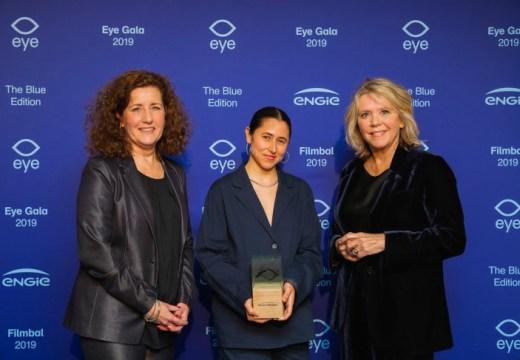 Ingrid van Engelshoven (Minister of Education, Culture and Science) with Meriem Bennani (Winner Art & Film Prize 2019) and Sandra den Hamer (Director Eye) during the Eye Film gala 2019