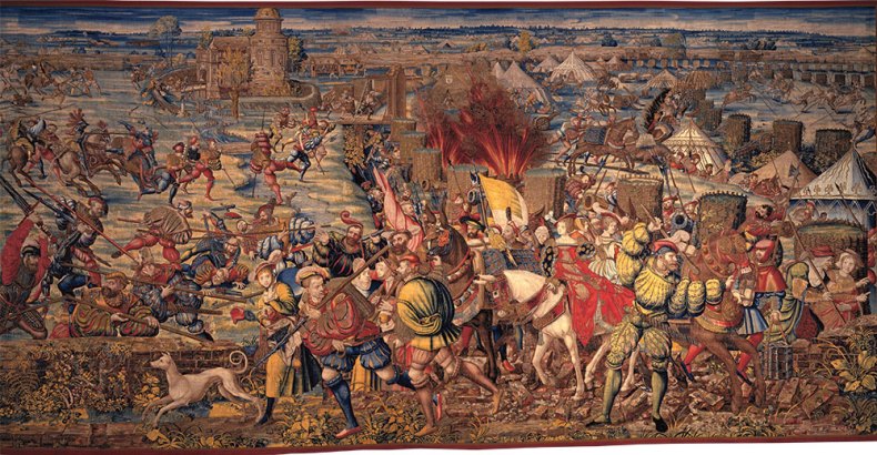 The Attack on the French Camp and the Flight of the Besieged from the Battle of Pavia series (1525–31), Dermoyen workshop, after a design by Bernard van Orley. Museo e Real Bosco di Capodimonte, Naples