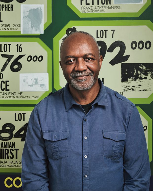 Kerry James Marshall photographed in London in October 2018, in front of ‘History of Painting (May 17, 2007)’, photo: Jason Bell; courtesy the artist and David Zwirner; © Kerry James Marshall